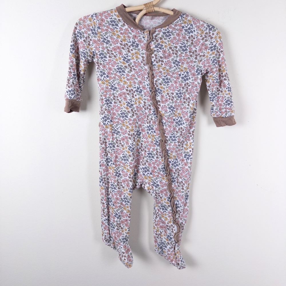 Milkberry Floral Footed Sleeper Kids 3-6M Brown Pink Ruffle Zip Up Bamboo